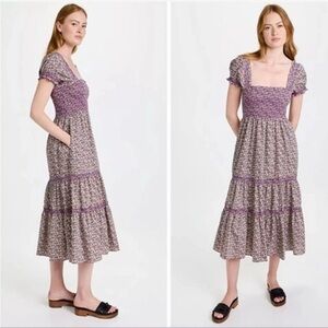 O.P.T Women Medium Dress Daphne Tiered Smocked Bodice Purple Floral Cottagecore